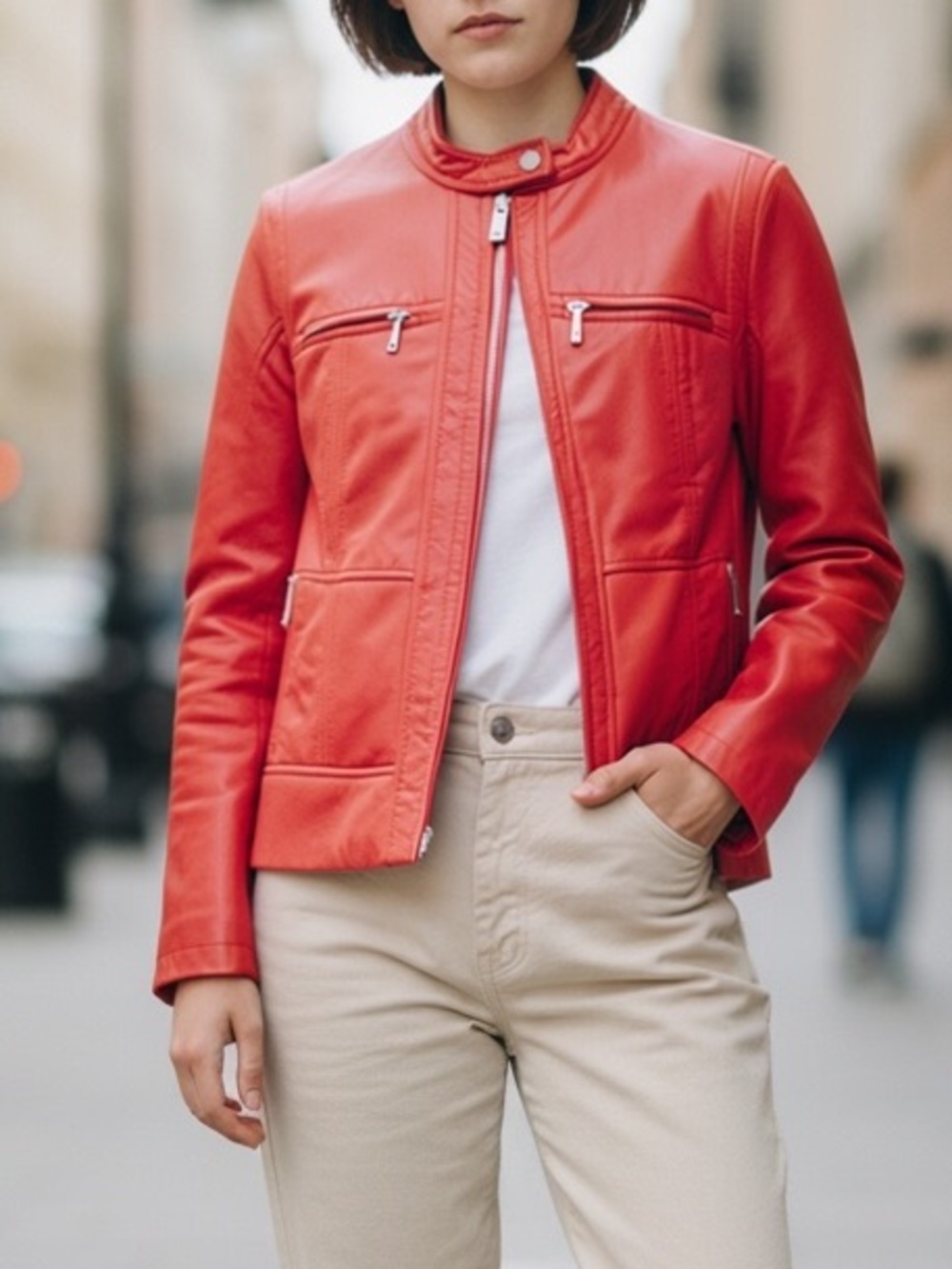 Michael Kors Cherry Red Lambskin Leather Moto Biker Jacket Size Large
